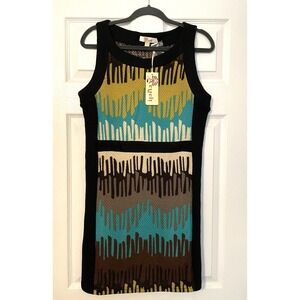 New Aryeh dress women's size Large‎ Black sleeveless green blue Artsy design